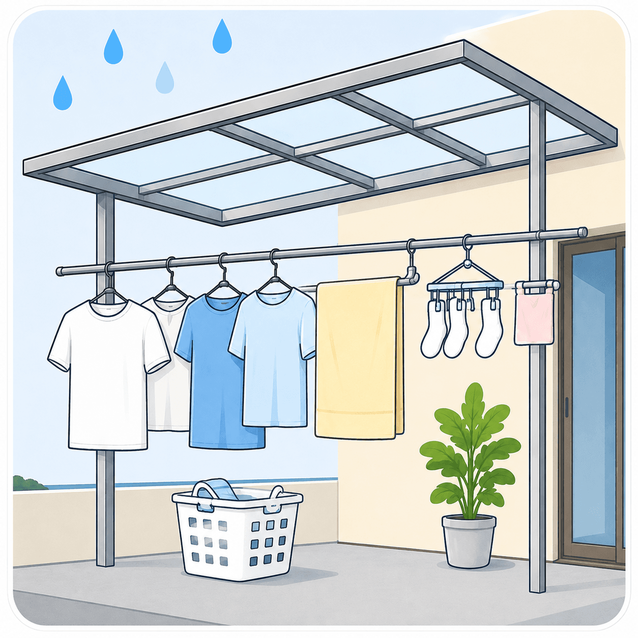 洗濯物を雨から守りたい様子のイラスト